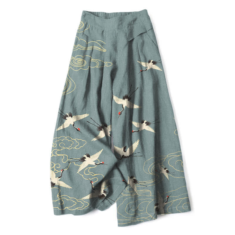 Buddha Stones Pantalones de mujer de algodón y lino con estampado vintage de grullas y nubes, cintura elástica, pernera ancha y bolsillos. - Gris pizarra - US16，UK/AU20，EU48 (3XL) - image 6