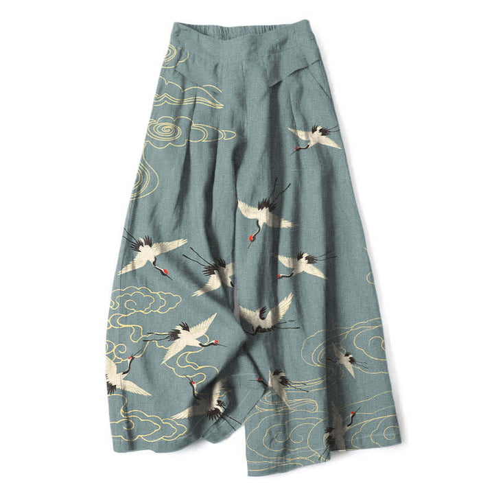 Buddha Stones Pantalones de mujer de algodón y lino con estampado vintage de grullas y nubes, cintura elástica, pernera ancha y bolsillos. - Gris pizarra - US16，UK/AU20，EU48 (3XL) - image 6