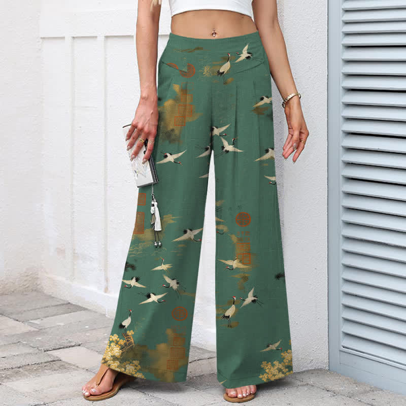Buddha Stones Pantalones de mujer de algodón y lino blancos con estampado floral de grullas, cintura elástica y pernera ancha con bolsillos. - image 1