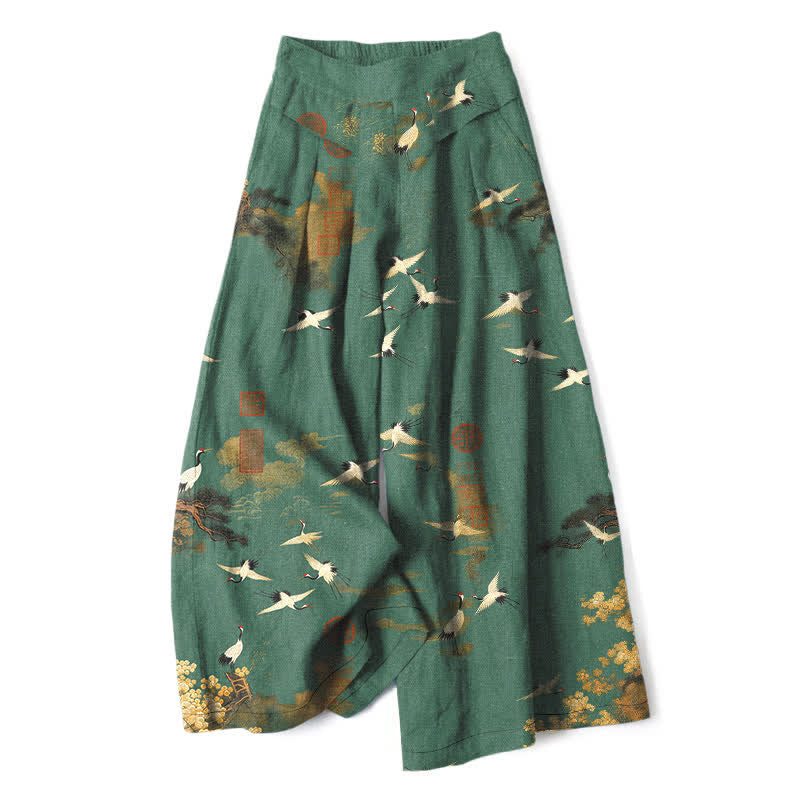 Buddha Stones Pantalones de mujer de algodón y lino blancos con estampado floral de grullas, cintura elástica y pernera ancha con bolsillos. - Verdemar - US16，UK/AU20，EU48 (3XL) - image 0