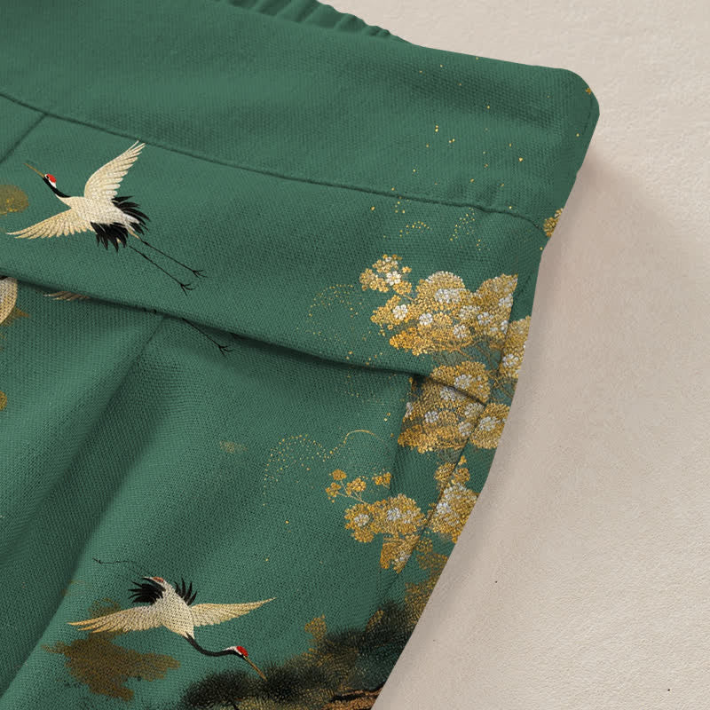 Buddha Stones Pantalones de mujer de algodón y lino blancos con estampado floral de grullas, cintura elástica y pernera ancha con bolsillos. - image 2