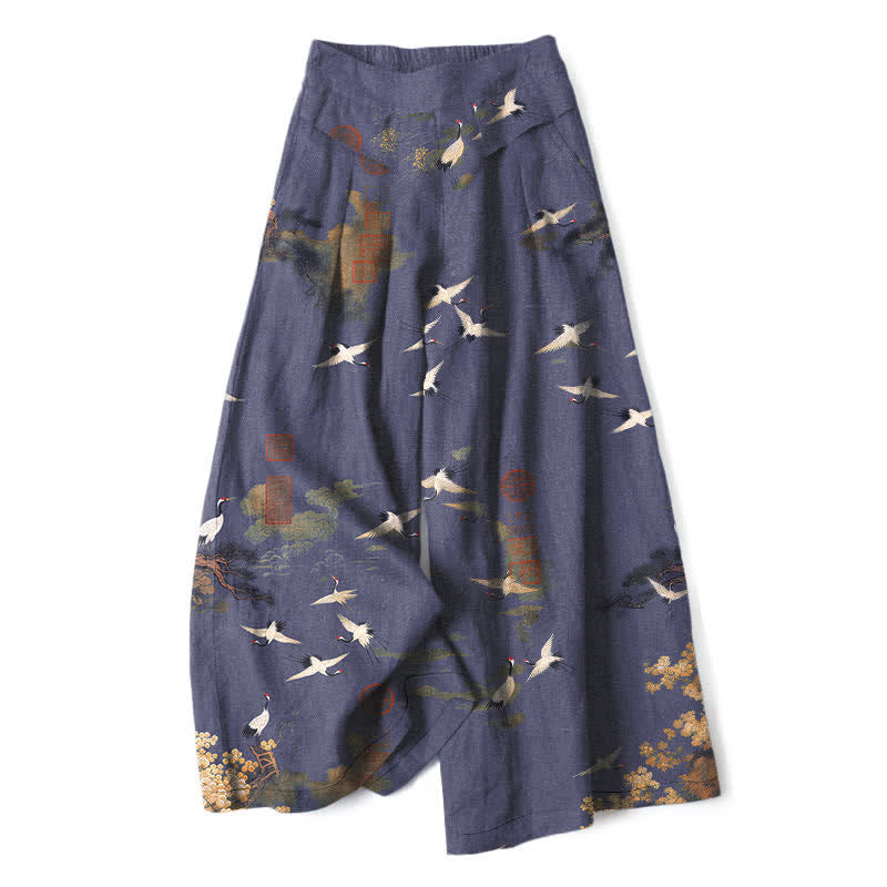 Buddha Stones Pantalones de mujer de algodón y lino blancos con estampado floral de grullas, cintura elástica y pernera ancha con bolsillos. - Morado medio - US16，UK/AU20，EU48 (3XL) - image 4