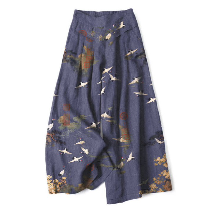 Buddha Stones Pantalones de mujer de algodón y lino blancos con estampado floral de grullas, cintura elástica y pernera ancha con bolsillos. - Morado medio - US16，UK/AU20，EU48 (3XL) - image 4