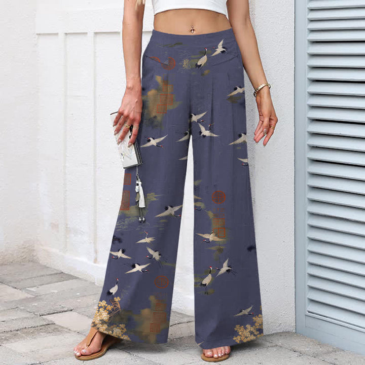 Buddha Stones Pantalones de mujer de algodón y lino blancos con estampado floral de grullas, cintura elástica y pernera ancha con bolsillos. - image 5