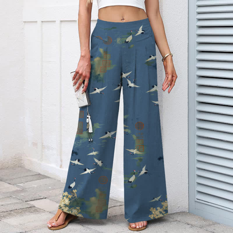 Buddha Stones Pantalones de mujer de algodón y lino blancos con estampado floral de grullas, cintura elástica y pernera ancha con bolsillos. - image 7