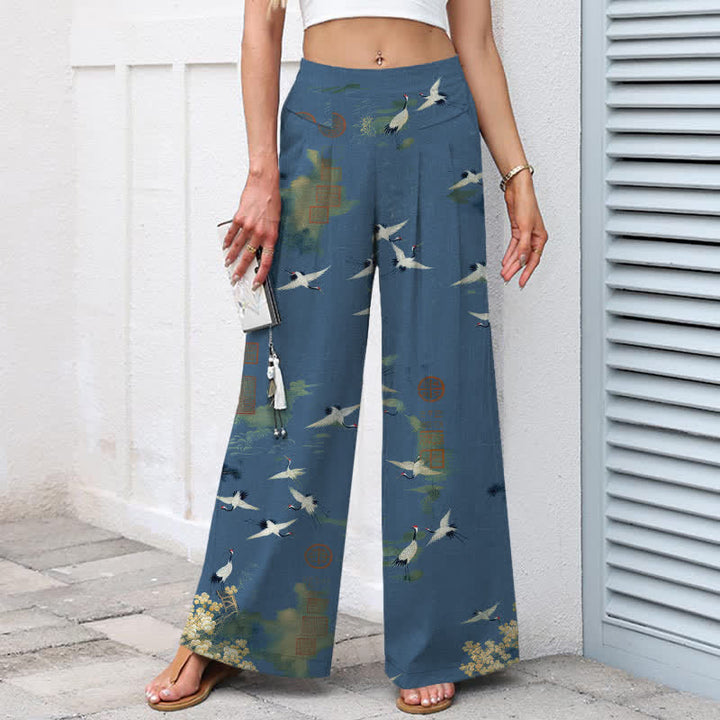 Buddha Stones Pantalones de mujer de algodón y lino blancos con estampado floral de grullas, cintura elástica y pernera ancha con bolsillos. - image 7