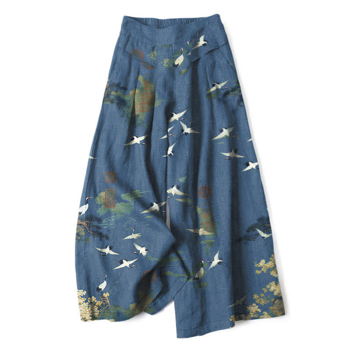 Buddha Stones Pantalones de mujer de algodón y lino blancos con estampado floral de grullas, cintura elástica y pernera ancha con bolsillos. - Azul acero - US16，UK/AU20，EU48 (3XL) - image 6
