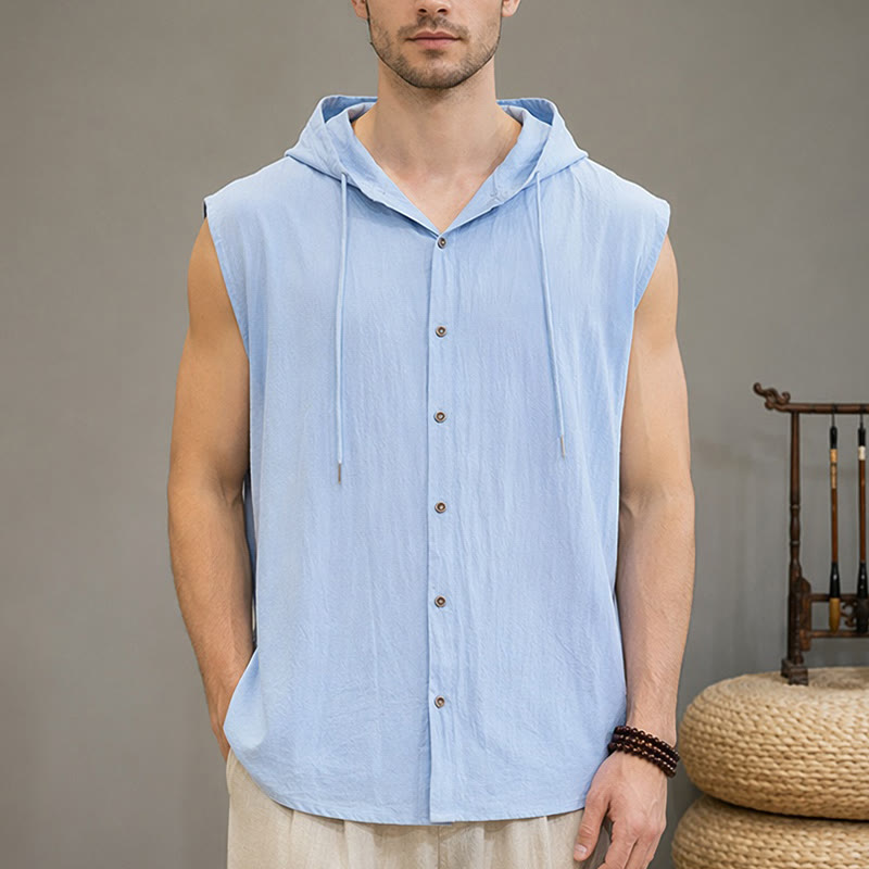 Buddha Stones Camiseta sin mangas lisa de verano informal minimalista con botones y cordón ajustable para hombre. - Azul claro - US/UK/AU46, EU56 (3XL) - image 0