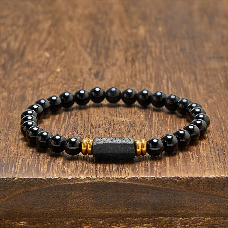 Buddha Stones Pulsera minimalista de cuentas redondas de obsidiana negra y turmalina negra para protección - Obsidiana negra y turmalina negra (forma alargada en bruto · tamaño variable) - 6 mm (circunferencia de la muñeca: 14-15 cm) - image 0