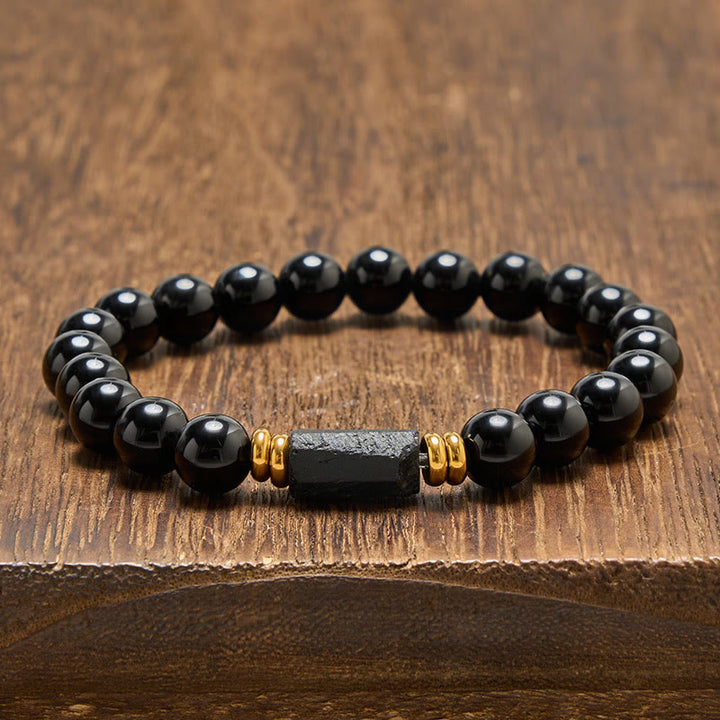 Buddha Stones Pulsera minimalista de cuentas redondas de obsidiana negra y turmalina negra para protección - Obsidiana negra y turmalina negra (forma alargada en bruto · tamaño variable) - 8 mm (circunferencia de la muñeca: 15-16 cm) - image 8