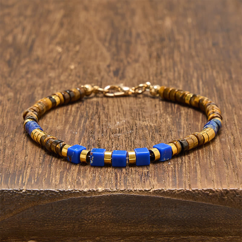 Buddha Stones Pulsera cuadrada de cuentas de lapislázuli y ojo de tigre - Lapislázuli y ojo de tigre (circunferencia de la muñeca: 18-20 cm) - image 0