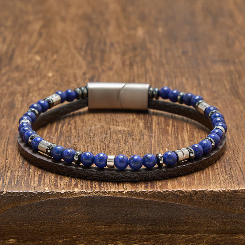 Buddha Stones Pulsera de cuero de doble vuelta Lapislázuli Truth - Lapislázuli redondo (circunferencia de la muñeca: 19-20 cm) - image 16