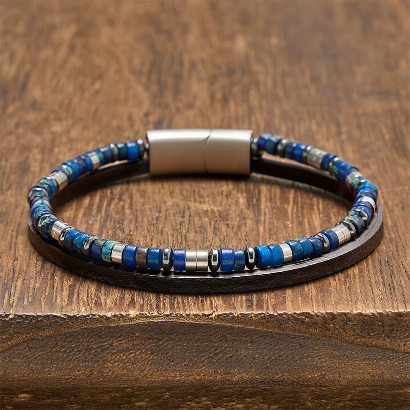 Buddha Stones Pulsera de cuero de doble vuelta Lapislázuli Truth - Lapislázuli cilíndrico (circunferencia de la muñeca: 19-20 cm) - image 0