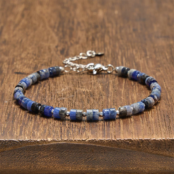 Buddha Stones Pulsera de cuentas planas de amatista, ojo de tigre, cuarzo rosa, jaspe azul moteado y obsidiana negra. - Sodalita (circunferencia de la muñeca: 16-18 cm) - image 15
