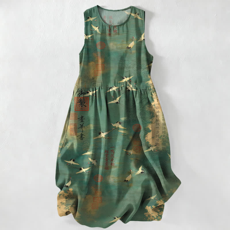 Buddha Stones Vestido midi de verano informal para mujer con estampado de caligrafía de grullas voladoras orientales y bolsillos. - Verdemar - US16，UK/AU20，EU48 (3XL) - image 0