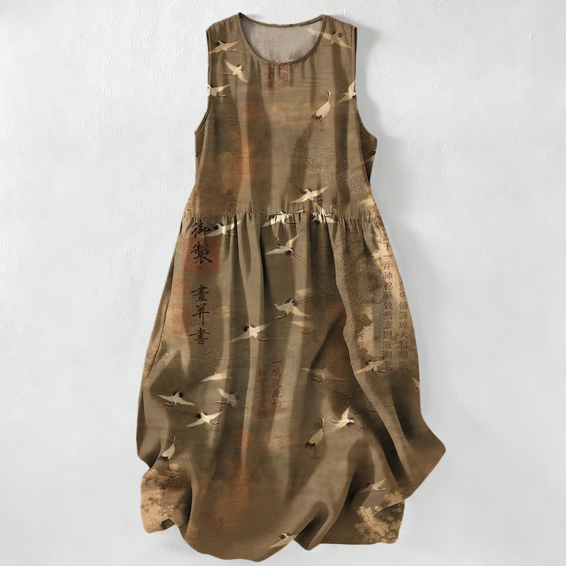Buddha Stones Vestido midi de verano informal para mujer con estampado de caligrafía de grullas voladoras orientales y bolsillos. - Vara de oro oscura - US16，UK/AU20，EU48 (3XL) - image 4