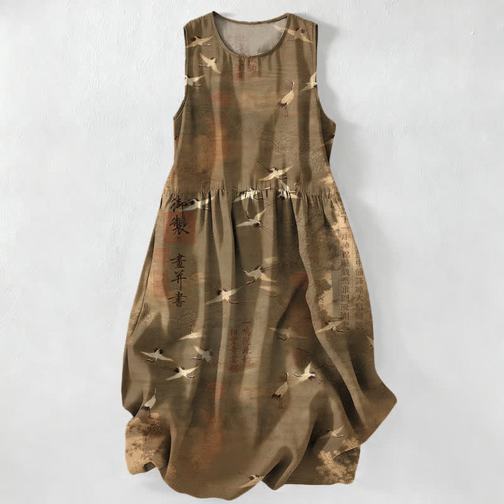 Buddha Stones Vestido midi de verano informal para mujer con estampado de caligrafía de grullas voladoras orientales y bolsillos. - Vara de oro oscura - US16，UK/AU20，EU48 (3XL) - image 4
