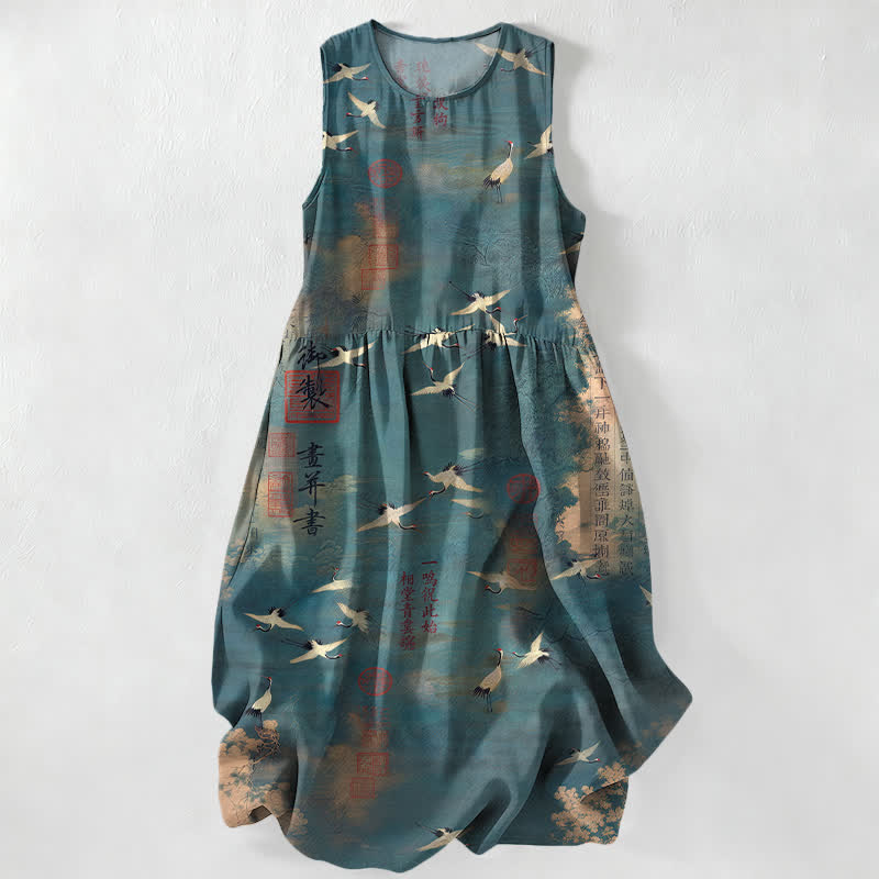 Buddha Stones Vestido midi de verano informal para mujer con estampado de caligrafía de grullas voladoras orientales y bolsillos. - Azul cadete - US16，UK/AU20，EU48 (3XL) - image 5