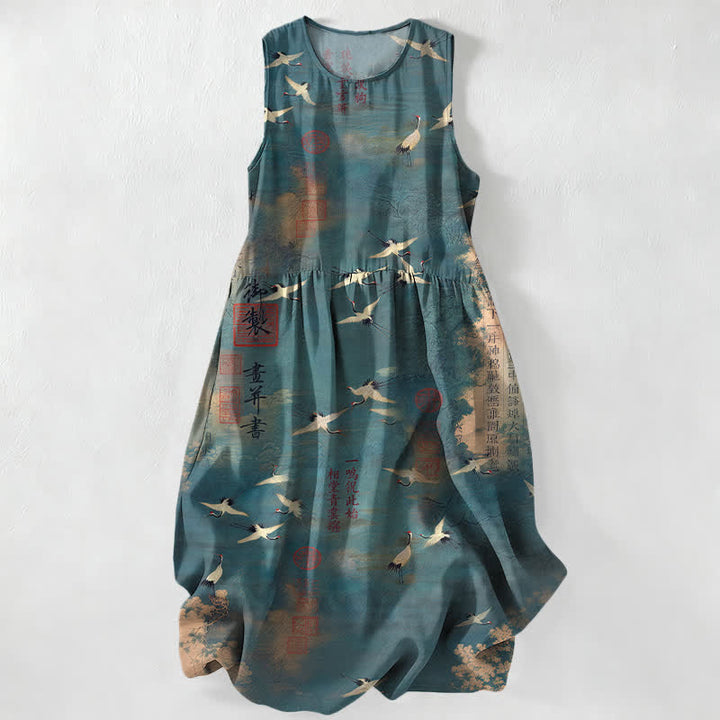 Buddha Stones Vestido midi de verano informal para mujer con estampado de caligrafía de grullas voladoras orientales y bolsillos. - Azul cadete - US16，UK/AU20，EU48 (3XL) - image 5