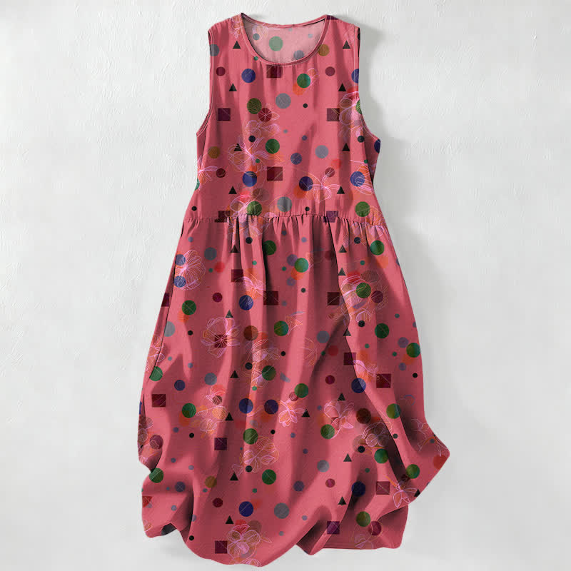 Buddha Stones Vestido midi de verano informal y divertido para mujer con estampado geométrico de puntos y bolsillos. - Coral claro - US16，UK/AU20，EU48 (3XL) - image 0