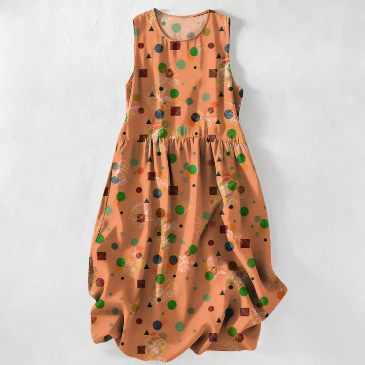 Buddha Stones Vestido midi de verano informal y divertido para mujer con estampado geométrico de puntos y bolsillos. - Sandy Brown - US16，UK/AU20，EU48 (3XL) - image 5