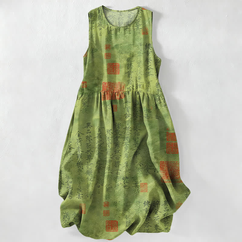 Buddha Stones Vestido midi de verano informal para mujer con estampado de sello de caligrafía china y bolsillos. - Verde oliva - US16，UK/AU20，EU48 (3XL) - image 0