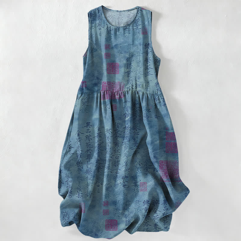 Buddha Stones Vestido midi de verano informal para mujer con estampado de sello de caligrafía china y bolsillos. - Gris pizarra - US16，UK/AU20，EU48 (3XL) - image 4