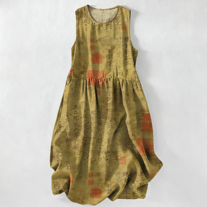 Buddha Stones Vestido midi de verano informal para mujer con estampado de sello de caligrafía china y bolsillos. - Caqui oscuro - US16，UK/AU20，EU48 (3XL) - image 5