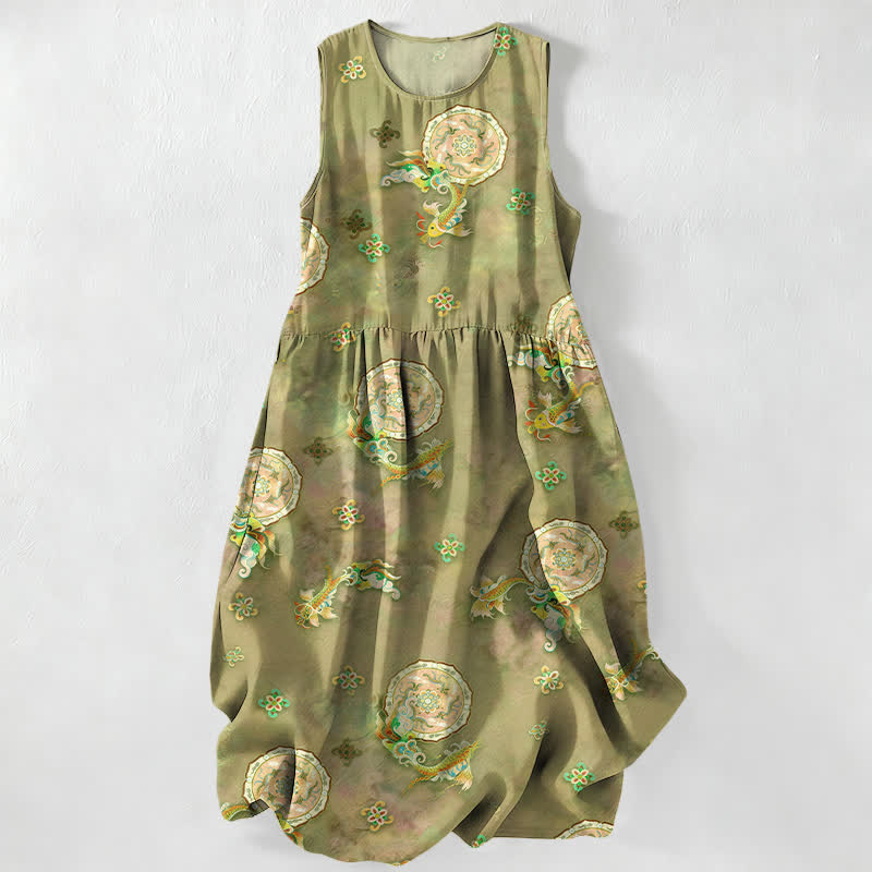 Buddha Stones Vestido midi de verano informal vintage para mujer con estampado de medallones florales y hojas, sin mangas y con bolsillos. - Aceituna - US16，UK/AU20，EU48 (3XL) - image 0