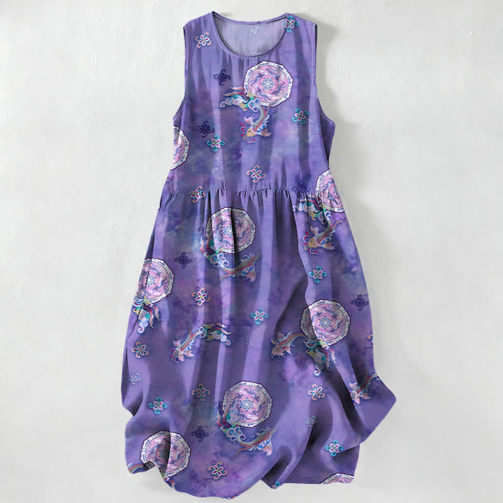 Buddha Stones Vestido midi de verano informal vintage para mujer con estampado de medallones florales y hojas, sin mangas y con bolsillos. - Azul pizarra - US16，UK/AU20，EU48 (3XL) - image 4