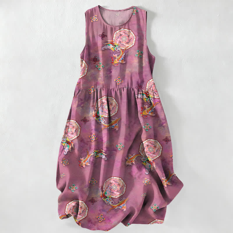 Buddha Stones Vestido midi de verano informal vintage para mujer con estampado de medallones florales y hojas, sin mangas y con bolsillos. - Rojo violeta pálido - US16，UK/AU20，EU48 (3XL) - image 5