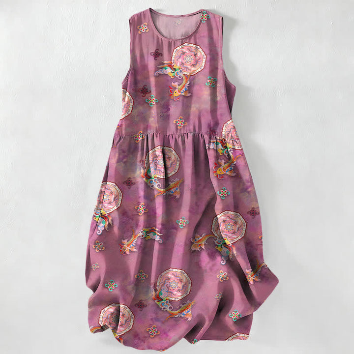 Buddha Stones Vestido midi de verano informal vintage para mujer con estampado de medallones florales y hojas, sin mangas y con bolsillos. - Rojo violeta pálido - US16，UK/AU20，EU48 (3XL) - image 5