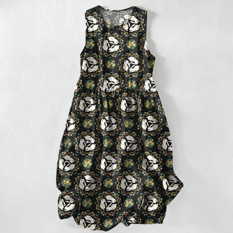 Buddha Stones Vestido midi de verano informal vintage para mujer con estampado de medallones florales y hojas, sin mangas y con bolsillos. - Negro - US16，UK/AU20，EU48 (3XL) - image 0
