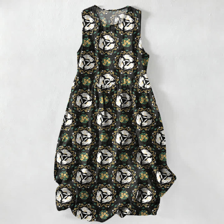Buddha Stones Vestido midi de verano informal vintage para mujer con estampado de medallones florales y hojas, sin mangas y con bolsillos. - Negro - US16，UK/AU20，EU48 (3XL) - image 0