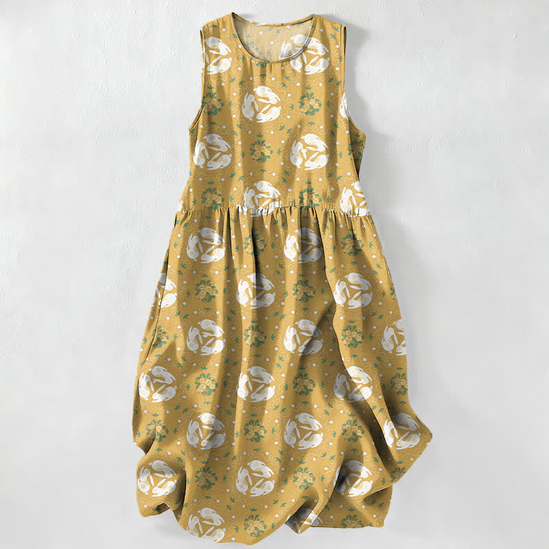 Buddha Stones Vestido midi de verano informal vintage para mujer con estampado de medallones florales y hojas, sin mangas y con bolsillos. - vara de oro - US16，UK/AU20，EU48 (3XL) - image 4