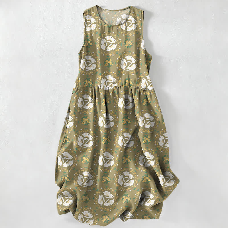 Buddha Stones Vestido midi de verano informal vintage para mujer con estampado de medallones florales y hojas, sin mangas y con bolsillos. - Verde oliva - US16，UK/AU20，EU48 (3XL) - image 5