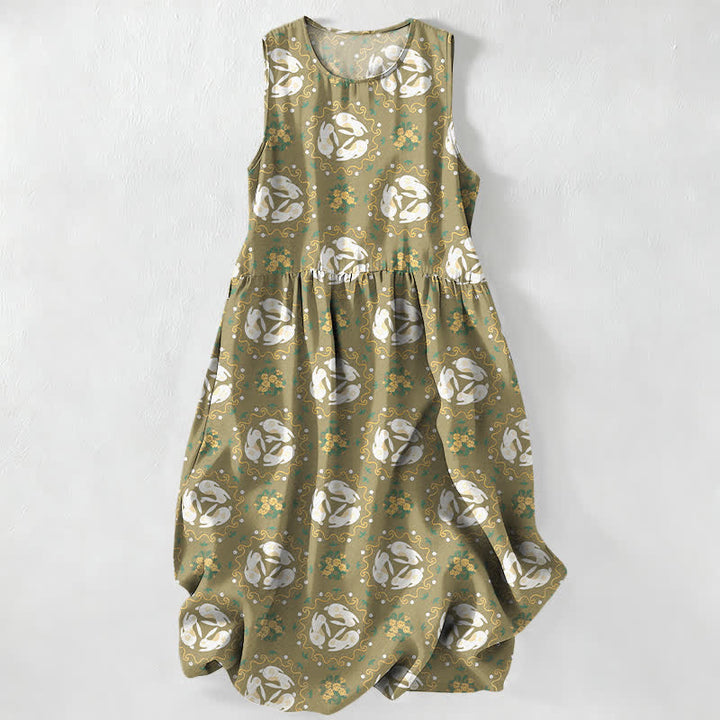Buddha Stones Vestido midi de verano informal vintage para mujer con estampado de medallones florales y hojas, sin mangas y con bolsillos. - Verde oliva - US16，UK/AU20，EU48 (3XL) - image 5
