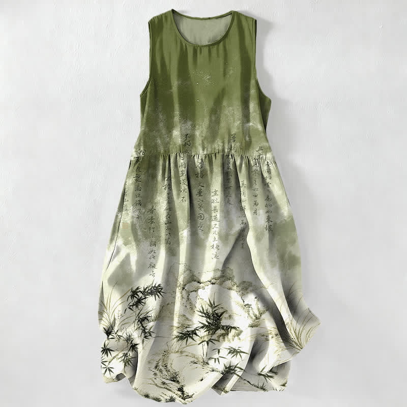 Buddha Stones Vestido midi de verano informal para mujer con estampado de paisaje de bambú en tinta y bolsillos. - Verde oliva - US16，UK/AU20，EU48 (3XL) - image 0