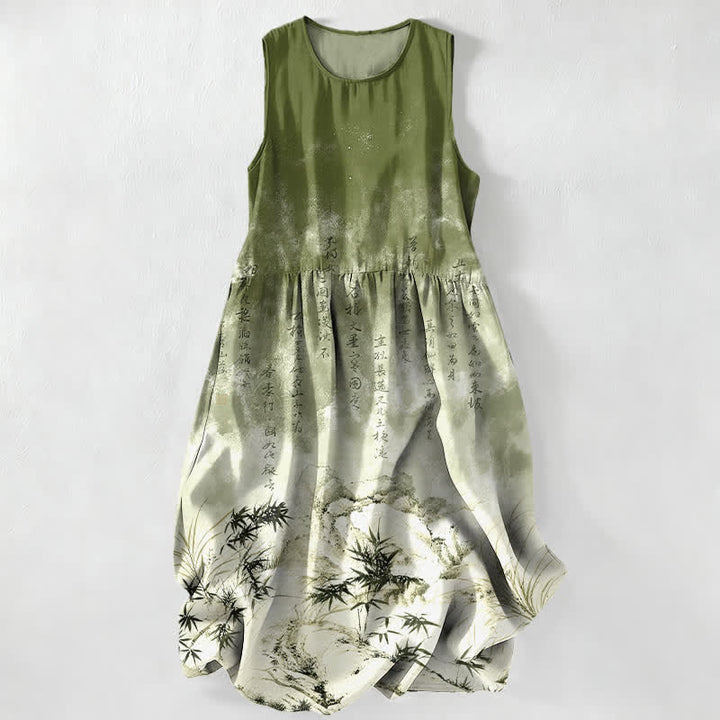 Buddha Stones Vestido midi de verano informal para mujer con estampado de paisaje de bambú en tinta y bolsillos. - Verde oliva - US16，UK/AU20，EU48 (3XL) - image 0