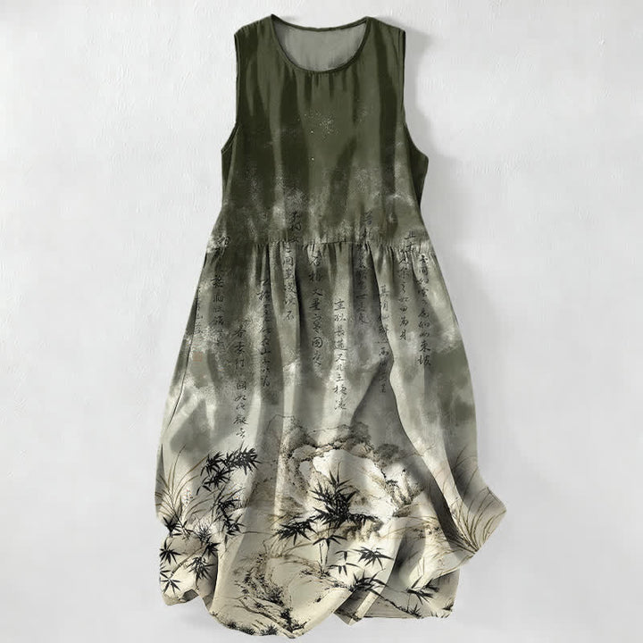 Buddha Stones Vestido midi de verano informal para mujer con estampado de paisaje de bambú en tinta y bolsillos. - Negro - US16，UK/AU20，EU48 (3XL) - image 4