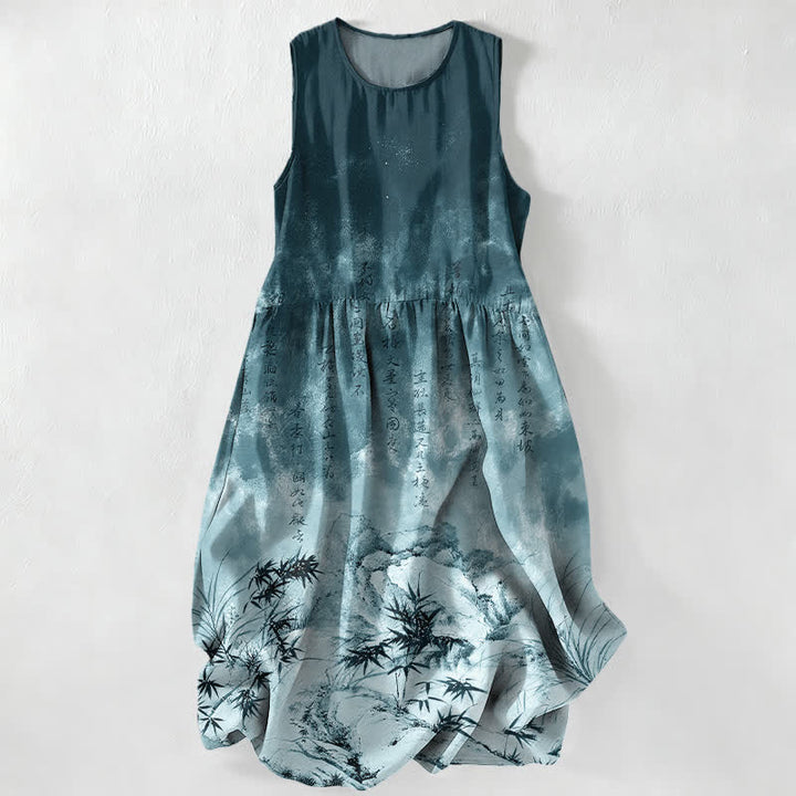 Buddha Stones Vestido midi de verano informal para mujer con estampado de paisaje de bambú en tinta y bolsillos. - Verde azulado - US16，UK/AU20，EU48 (3XL) - image 5