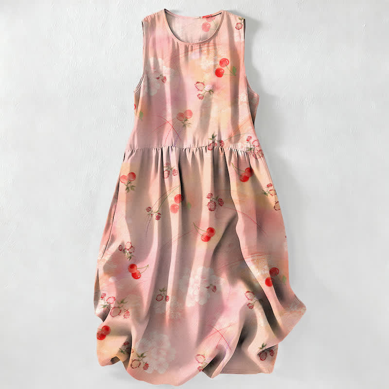 Buddha Stones Vestido midi de verano informal para mujer con estampado floral de cerezas dulces y bolsillos. - PeachPuff - US16，UK/AU20，EU48 (3XL) - image 0