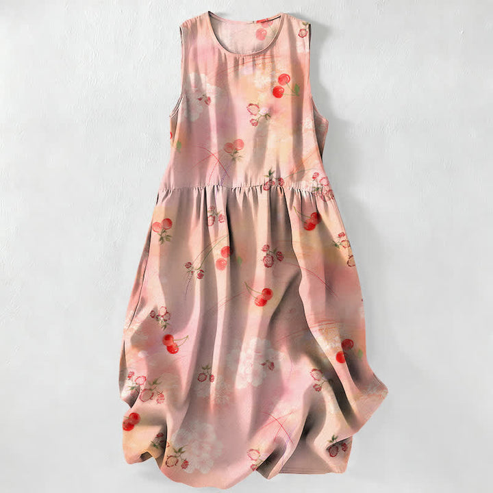 Buddha Stones Vestido midi de verano informal para mujer con estampado floral de cerezas dulces y bolsillos. - PeachPuff - US16，UK/AU20，EU48 (3XL) - image 0