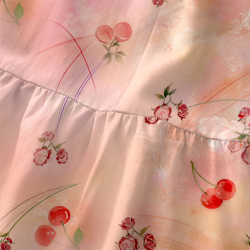 Buddha Stones Vestido midi de verano informal para mujer con estampado floral de cerezas dulces y bolsillos. - image 1