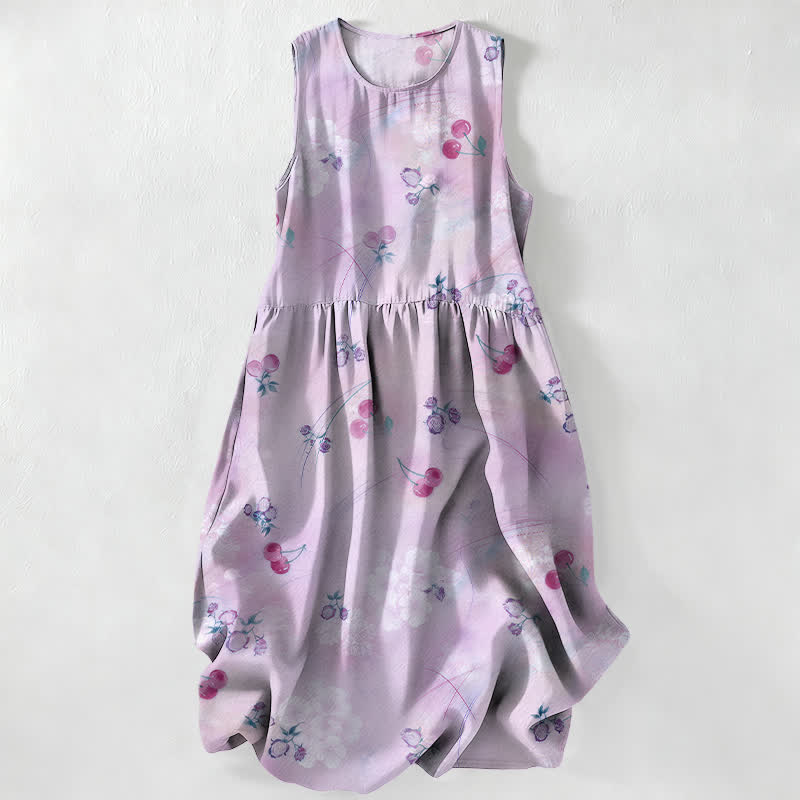 Buddha Stones Vestido midi de verano informal para mujer con estampado floral de cerezas dulces y bolsillos. - Cardo - US16，UK/AU20，EU48 (3XL) - image 4