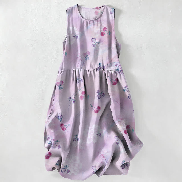 Buddha Stones Vestido midi de verano informal para mujer con estampado floral de cerezas dulces y bolsillos. - Cardo - US16，UK/AU20，EU48 (3XL) - image 4