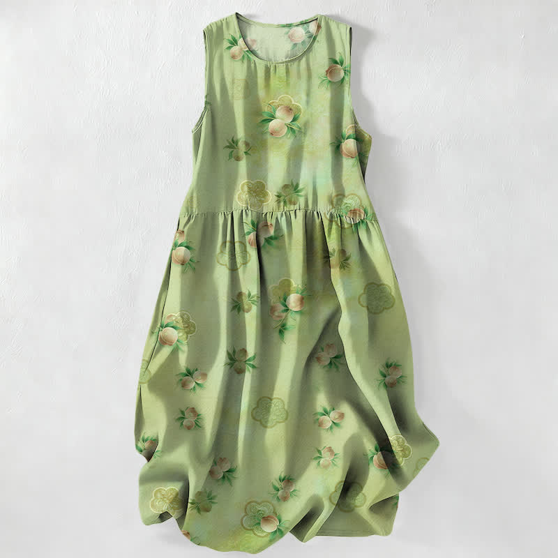 Buddha Stones Vestido midi de verano informal para mujer con estampado floral rosa y hojas, sin mangas y con bolsillos. - Verde amarillento - US16，UK/AU20，EU48 (3XL) - image 0
