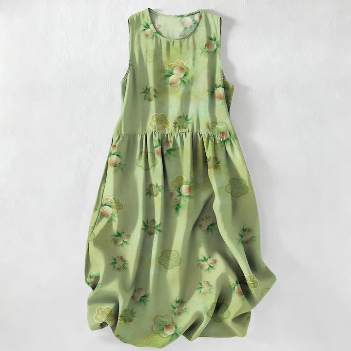 Buddha Stones Vestido midi de verano informal para mujer con estampado floral rosa y hojas, sin mangas y con bolsillos. - Verde amarillento - US16，UK/AU20，EU48 (3XL) - image 0