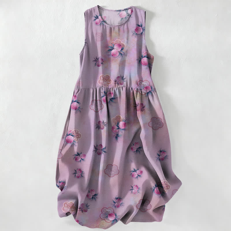 Buddha Stones Vestido midi de verano informal para mujer con estampado floral rosa y hojas, sin mangas y con bolsillos. - Cardo - US16，UK/AU20，EU48 (3XL) - image 4