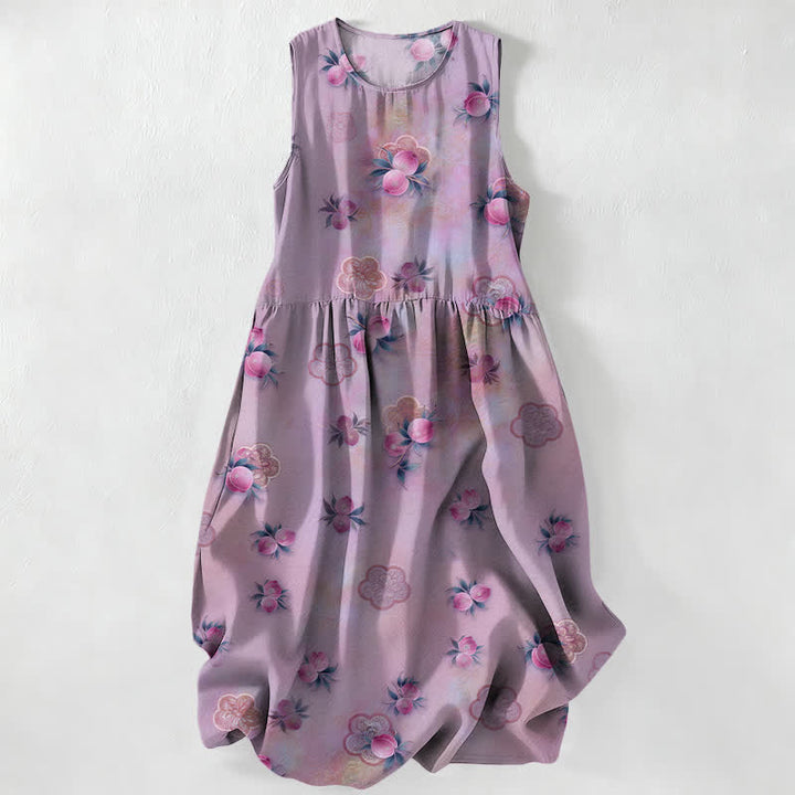 Buddha Stones Vestido midi de verano informal para mujer con estampado floral rosa y hojas, sin mangas y con bolsillos. - Cardo - US16，UK/AU20，EU48 (3XL) - image 4